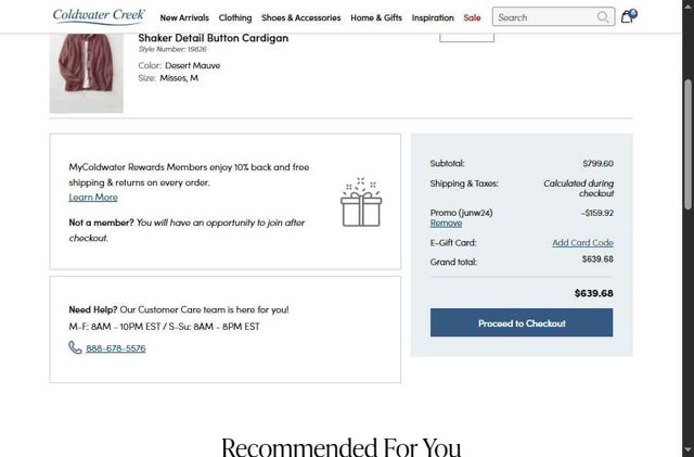 Coldwater Creek checkout page showing Coldwater Creek promo code box | Screenshot taken by SimplyCodes community member on Aug 21, 2025