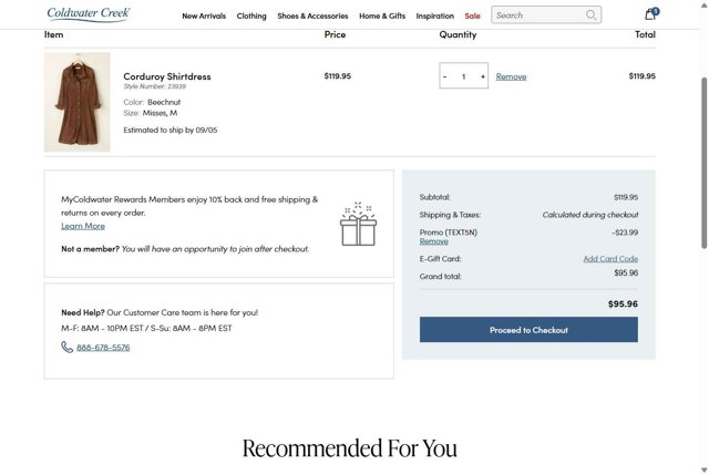 Coldwater Creek checkout page showing Coldwater Creek promo code box | Screenshot taken by SimplyCodes community member on Aug 28, 2025