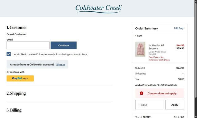 Coldwater Creek checkout page showing Coldwater Creek promo code box | Screenshot taken by SimplyCodes community member on Aug 17, 2025