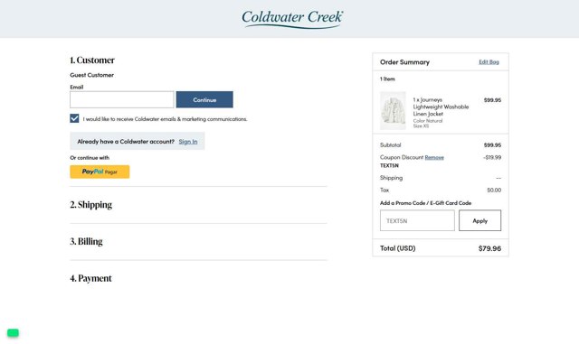 Coldwater Creek checkout page showing Coldwater Creek promo code box | Screenshot taken by SimplyCodes community member on Aug 18, 2025