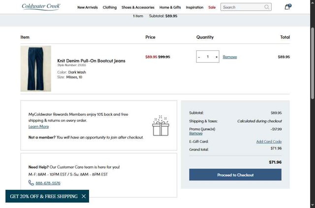 Coldwater Creek checkout page showing Coldwater Creek promo code box | Screenshot taken by SimplyCodes community member on Aug 23, 2025