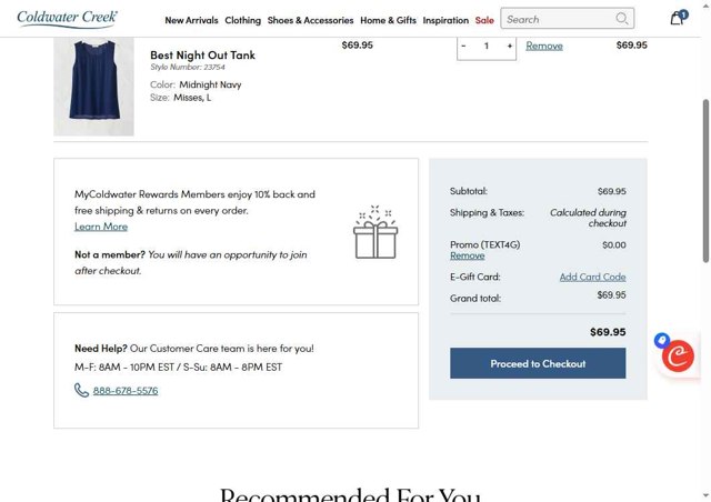 Coldwater Creek checkout page showing Coldwater Creek promo code box | Screenshot taken by SimplyCodes community member on Aug 28, 2025