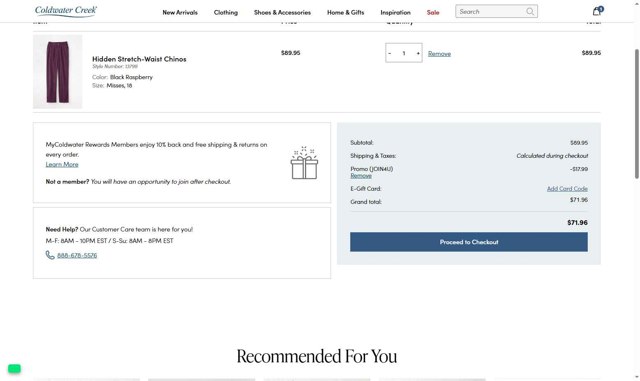 Coldwater Creek checkout page showing Coldwater Creek promo code box | Screenshot taken by SimplyCodes community member on Aug 19, 2025