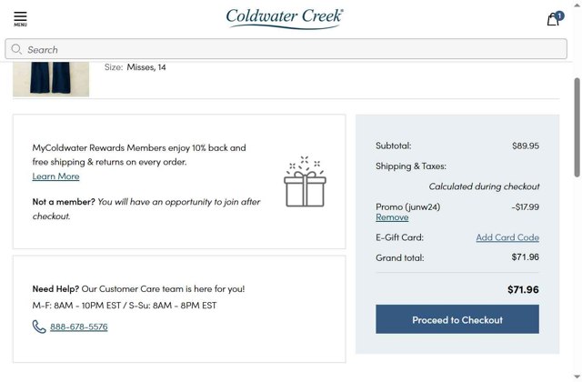 Coldwater Creek checkout page showing Coldwater Creek promo code box | Screenshot taken by SimplyCodes community member on Aug 23, 2025