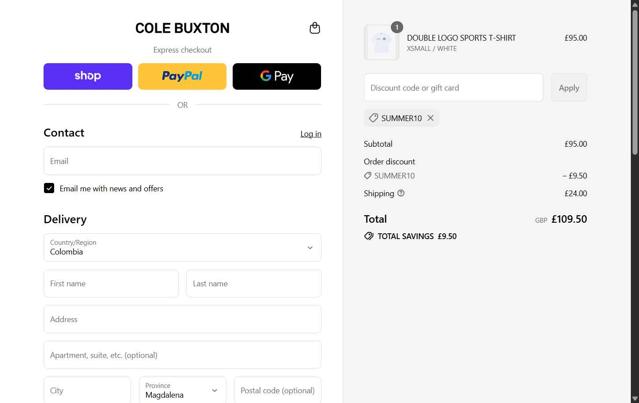 Cole Buxton checkout page showing Cole Buxton discount code box | Screenshot taken by SimplyCodes community member on Aug 31, 2025