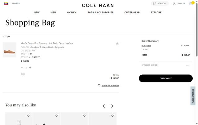 Cole Haan checkout page showing Cole Haan promo code box | Screenshot taken by SimplyCodes community member on May 21, 2025