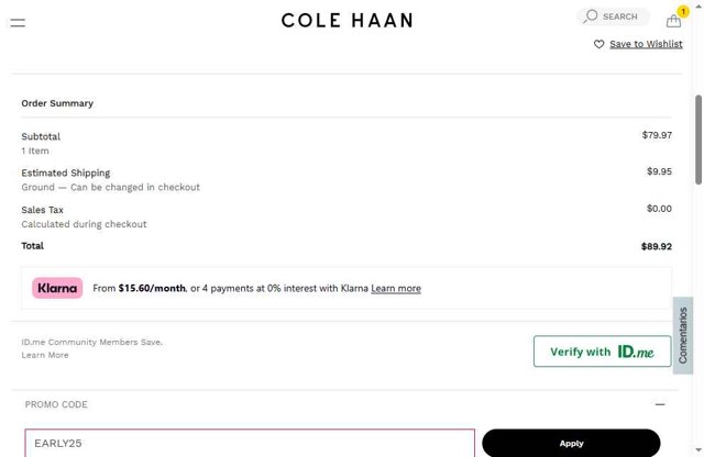 Cole Haan checkout page showing Cole Haan promo code box | Screenshot taken by SimplyCodes community member on Jul 18, 2025