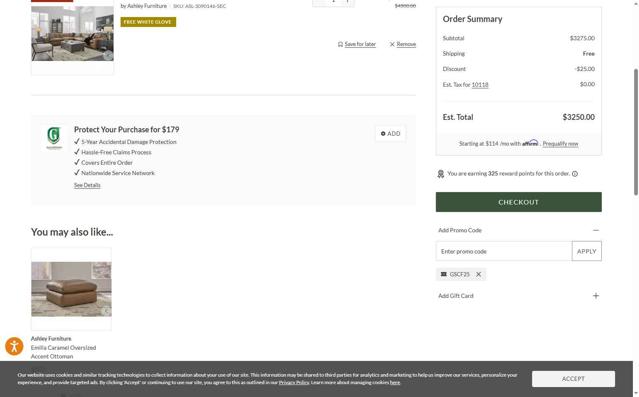 Coleman Furniture checkout page showing Coleman Furniture promo code box | Screenshot taken by SimplyCodes community member on Aug 5, 2025