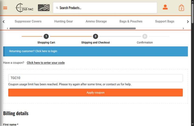 Cole-TAC checkout page showing Cole-TAC promo code box | Screenshot taken by SimplyCodes community member on May 7, 2025