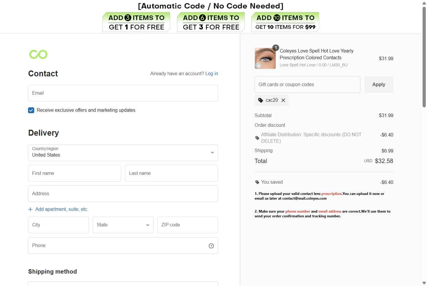 Coleyes checkout page showing Coleyes discount code box | Screenshot taken by SimplyCodes community member on Feb 20, 2026
