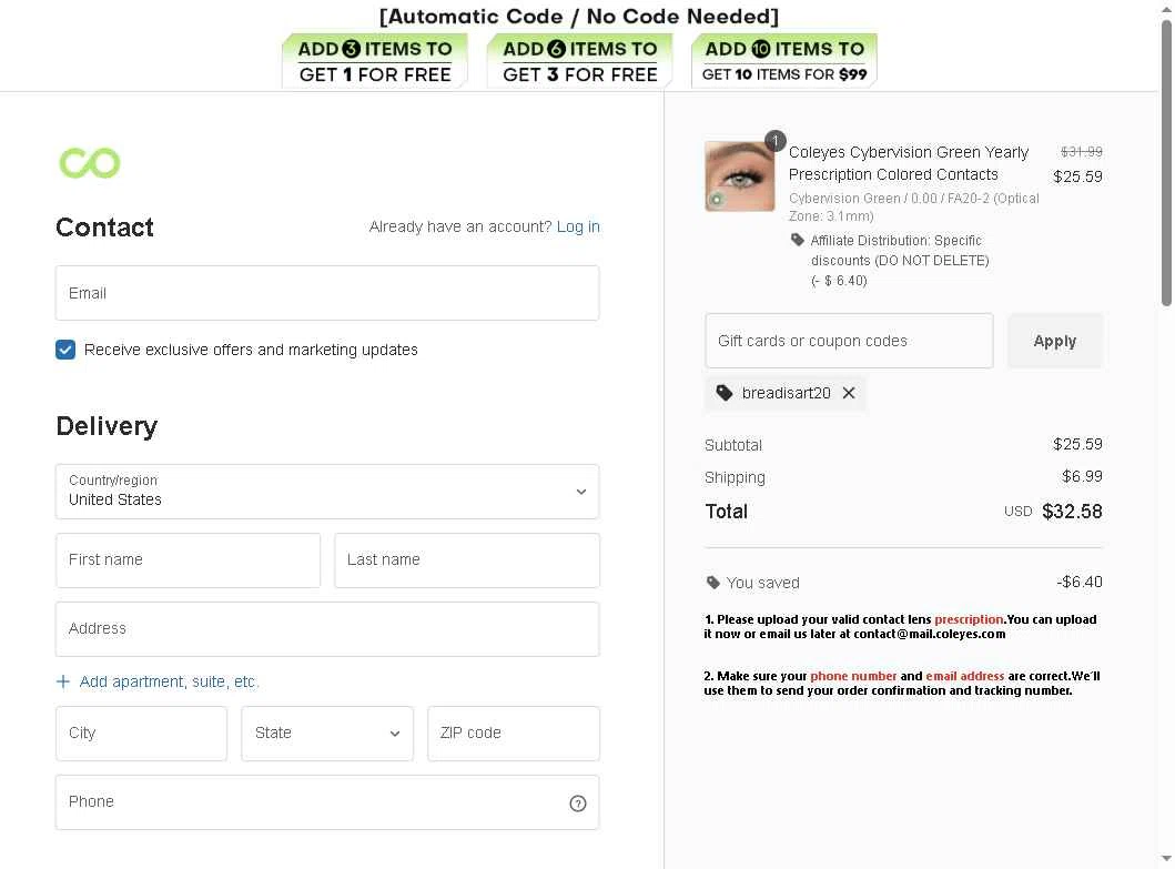 Coleyes checkout page showing Coleyes discount code box | Screenshot taken by SimplyCodes community member on Jan 22, 2026