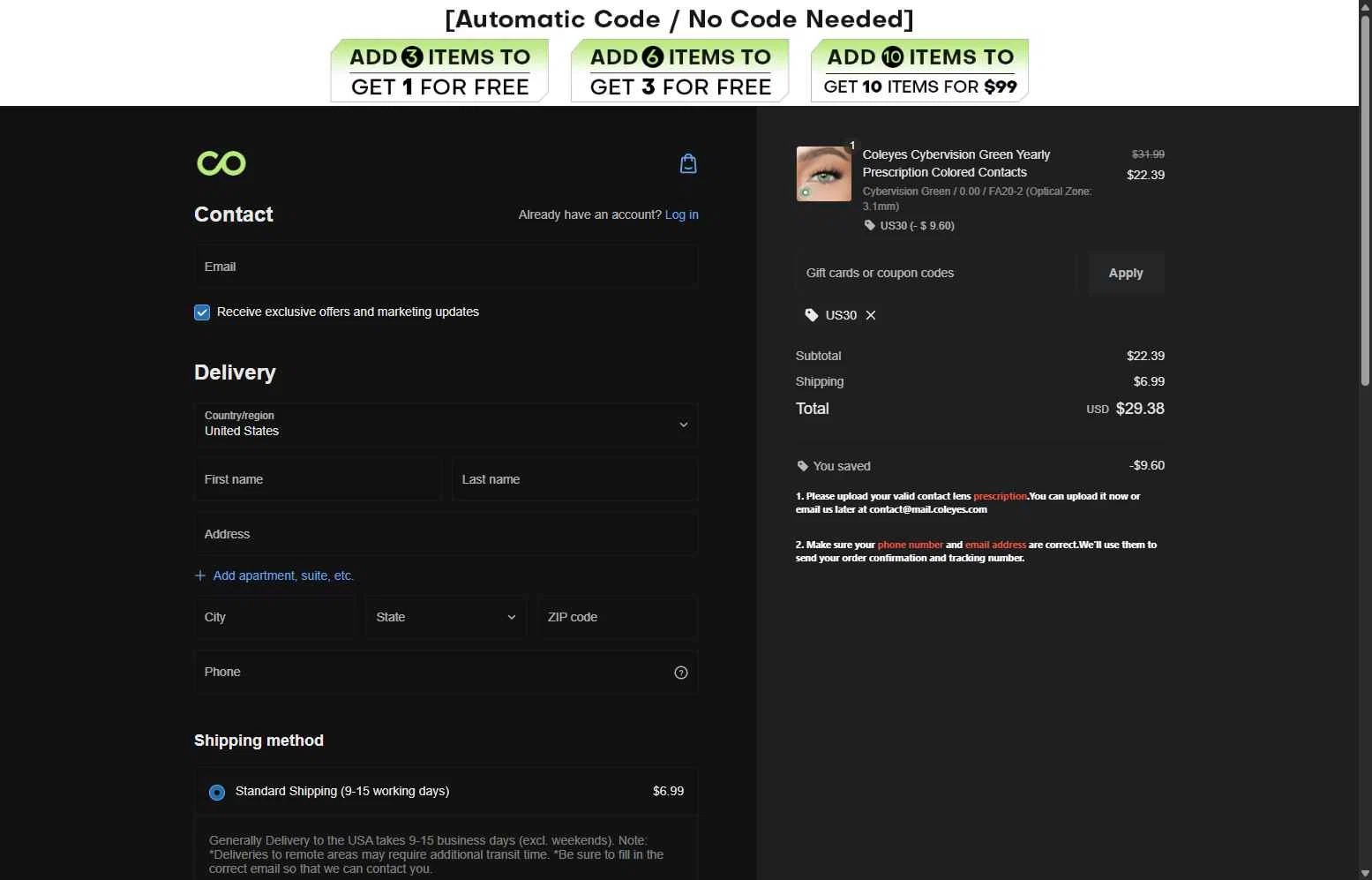 Coleyes checkout page showing Coleyes discount code box | Screenshot taken by SimplyCodes community member on Jan 22, 2026
