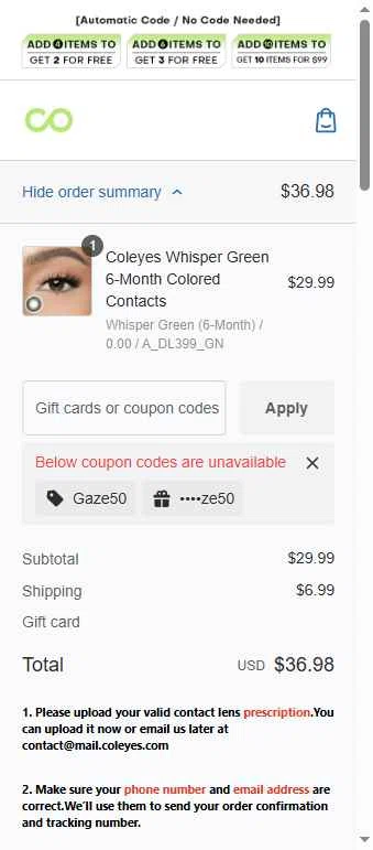 Coleyes checkout page showing Coleyes discount code box | Screenshot taken by SimplyCodes community member on Feb 14, 2026