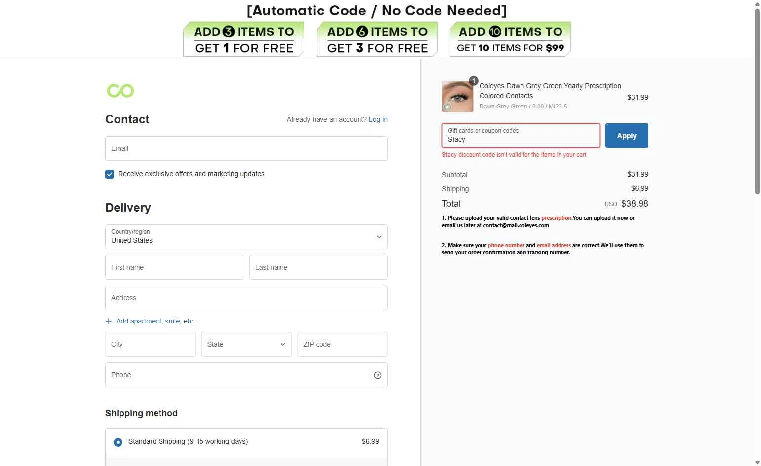 Coleyes checkout page showing Coleyes discount code box | Screenshot taken by SimplyCodes community member on Feb 15, 2026