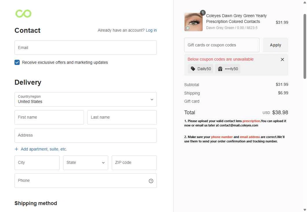 Coleyes checkout page showing Coleyes discount code box | Screenshot taken by SimplyCodes community member on Feb 21, 2026