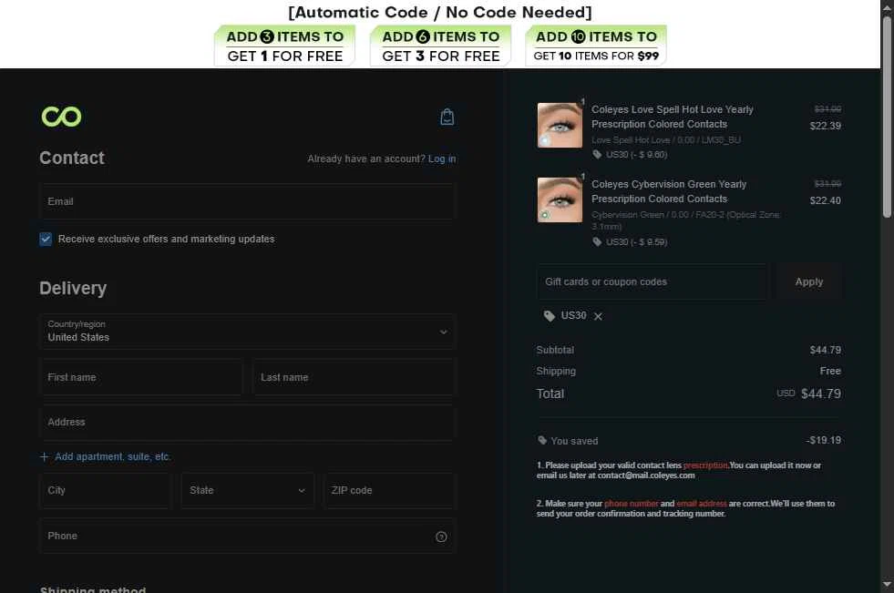 Coleyes checkout page showing Coleyes discount code box | Screenshot taken by SimplyCodes community member on Feb 23, 2026