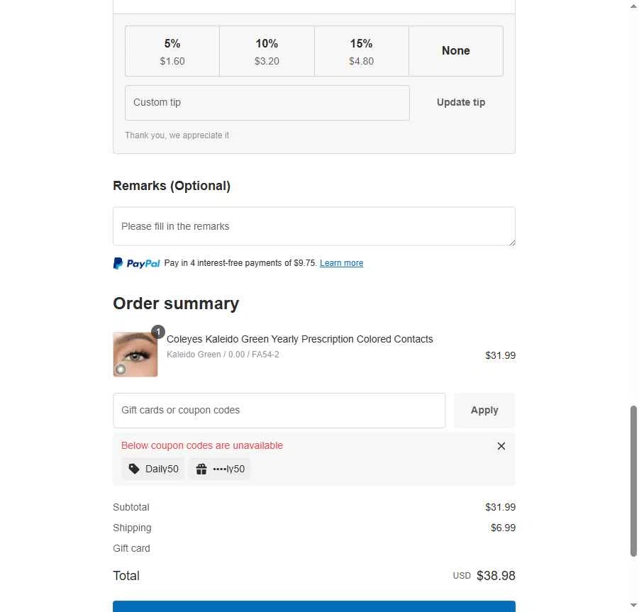 Coleyes checkout page showing Coleyes discount code box | Screenshot taken by SimplyCodes community member on Jan 23, 2026