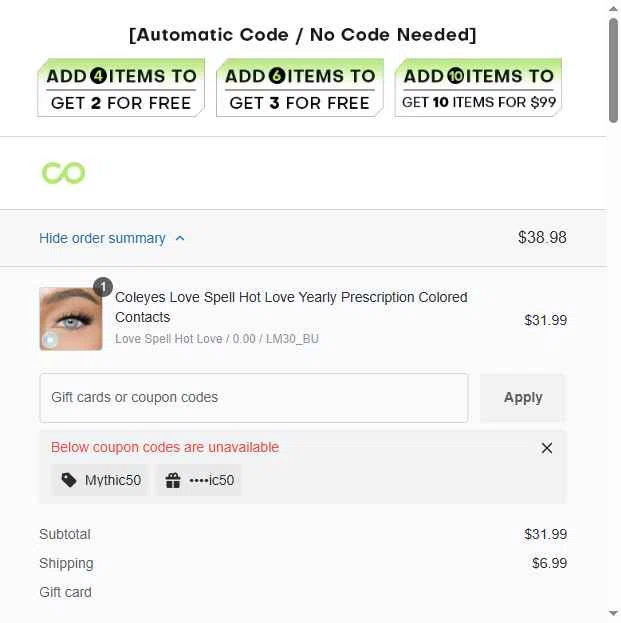 Coleyes checkout page showing Coleyes discount code box | Screenshot taken by SimplyCodes community member on Feb 9, 2026