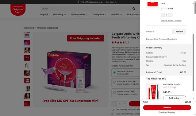 Colgate checkout page showing Colgate discount code box | Screenshot taken by SimplyCodes community member on Sep 19, 2025