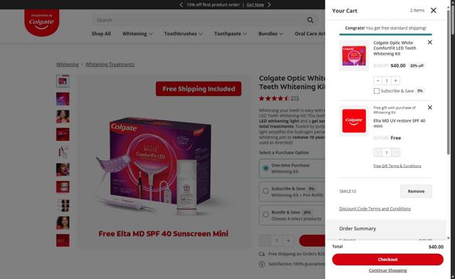 Colgate checkout page showing Colgate discount code box | Screenshot taken by SimplyCodes community member on Sep 19, 2025