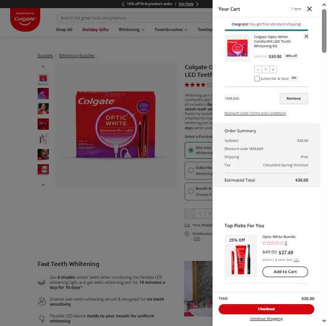 Colgate checkout page showing Colgate discount code box | Screenshot taken by SimplyCodes community member on Dec 17, 2025