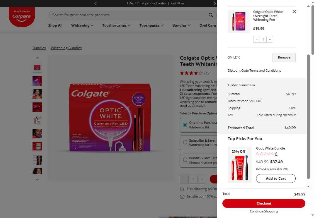 Colgate checkout page showing Colgate discount code box | Screenshot taken by SimplyCodes community member on Feb 5, 2026