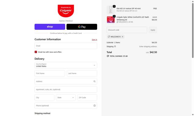 Colgate checkout page showing Colgate discount code box | Screenshot taken by SimplyCodes community member on Sep 19, 2025