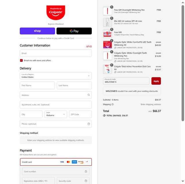 Colgate checkout page showing Colgate discount code box | Screenshot taken by SimplyCodes community member on Aug 30, 2025