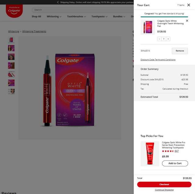 Colgate checkout page showing Colgate discount code box | Screenshot taken by SimplyCodes community member on Oct 4, 2025