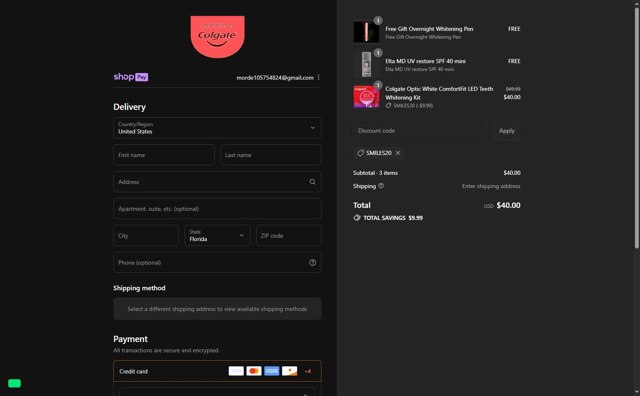 Colgate checkout page showing Colgate discount code box | Screenshot taken by SimplyCodes community member on Aug 27, 2025