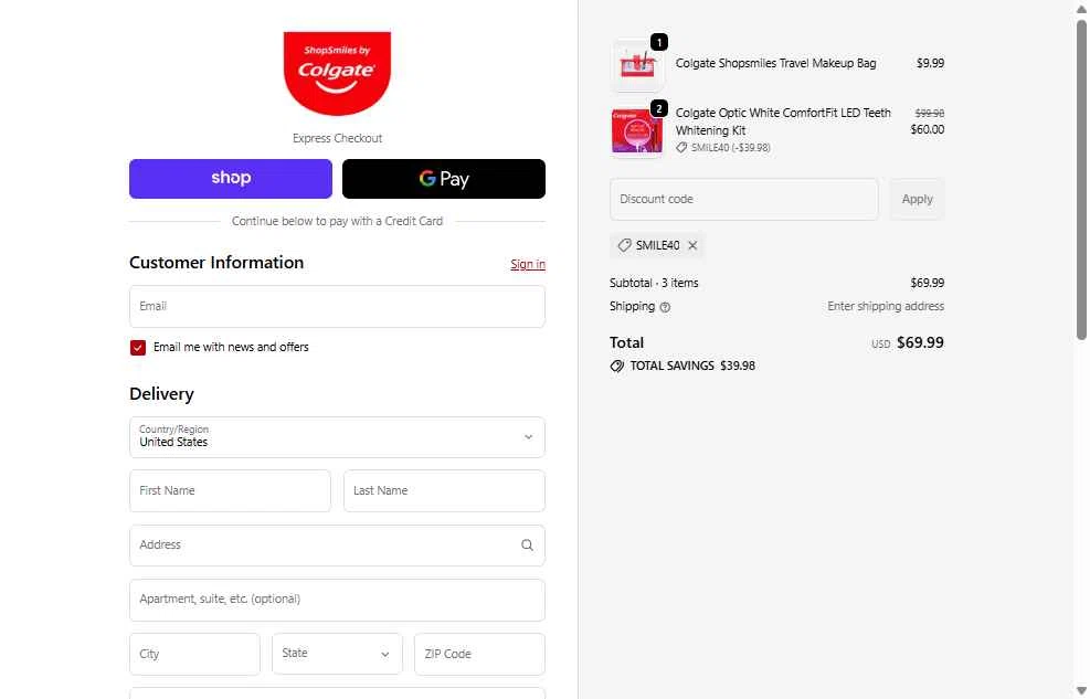 Colgate checkout page showing Colgate discount code box | Screenshot taken by SimplyCodes community member on Feb 16, 2026