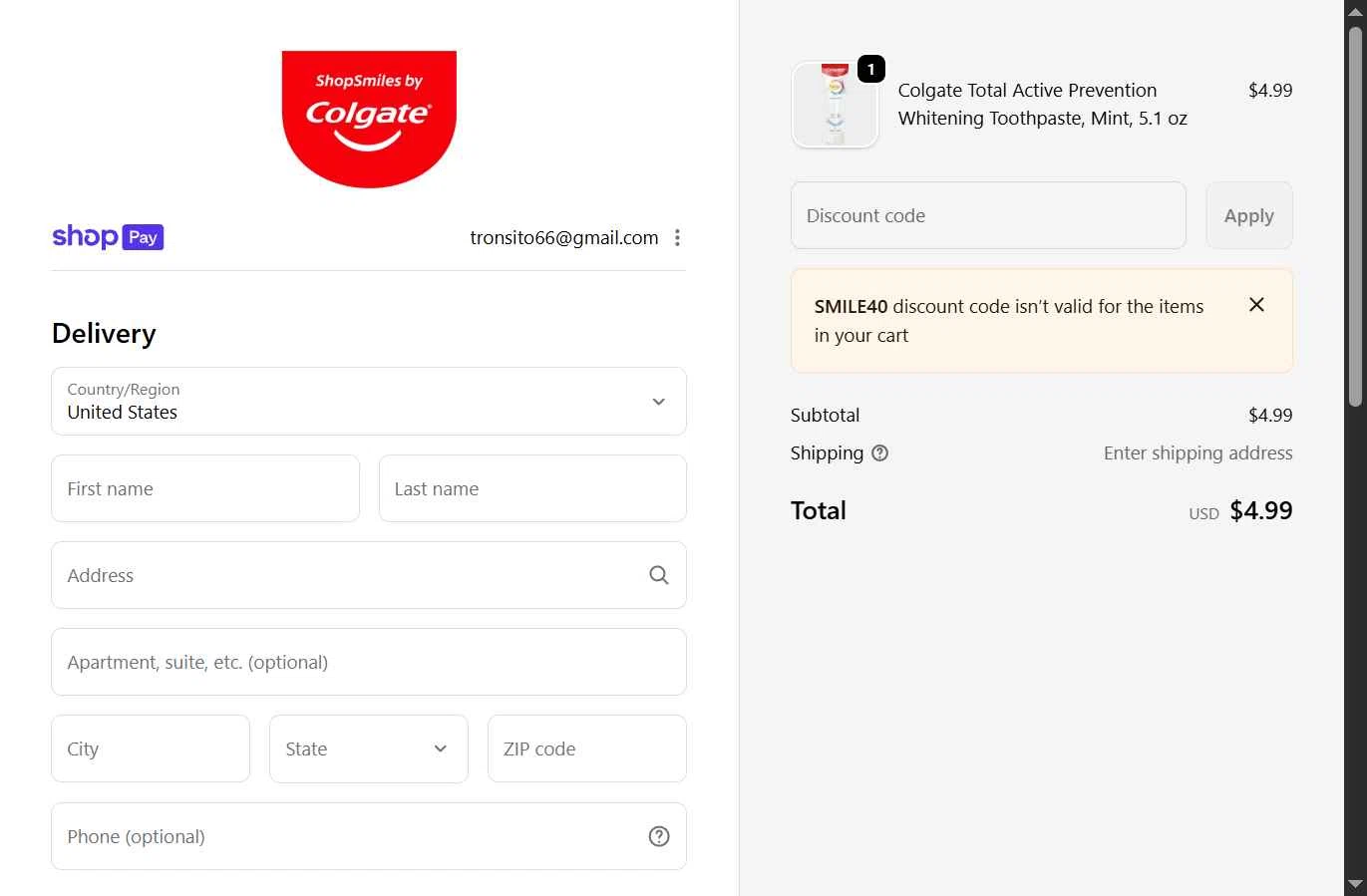 Colgate checkout page showing Colgate discount code box | Screenshot taken by SimplyCodes community member on Jan 7, 2026