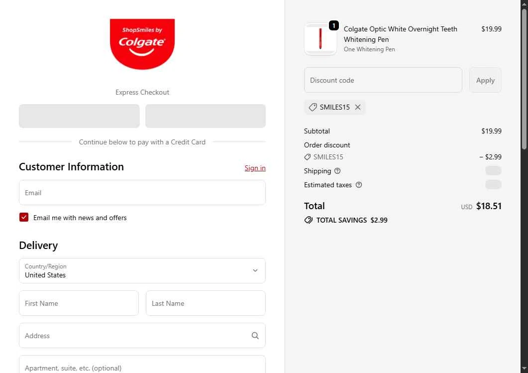 Colgate checkout page showing Colgate discount code box | Screenshot taken by SimplyCodes community member on Dec 23, 2025