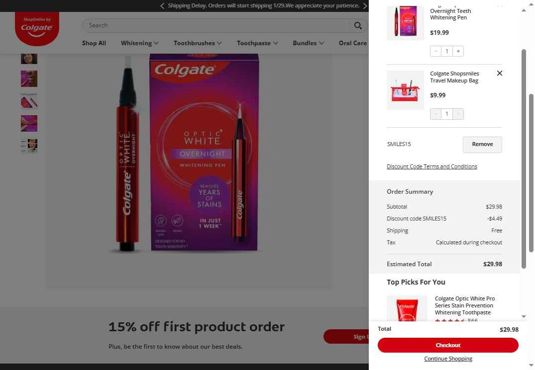 Colgate checkout page showing Colgate discount code box | Screenshot taken by SimplyCodes community member on Feb 5, 2026