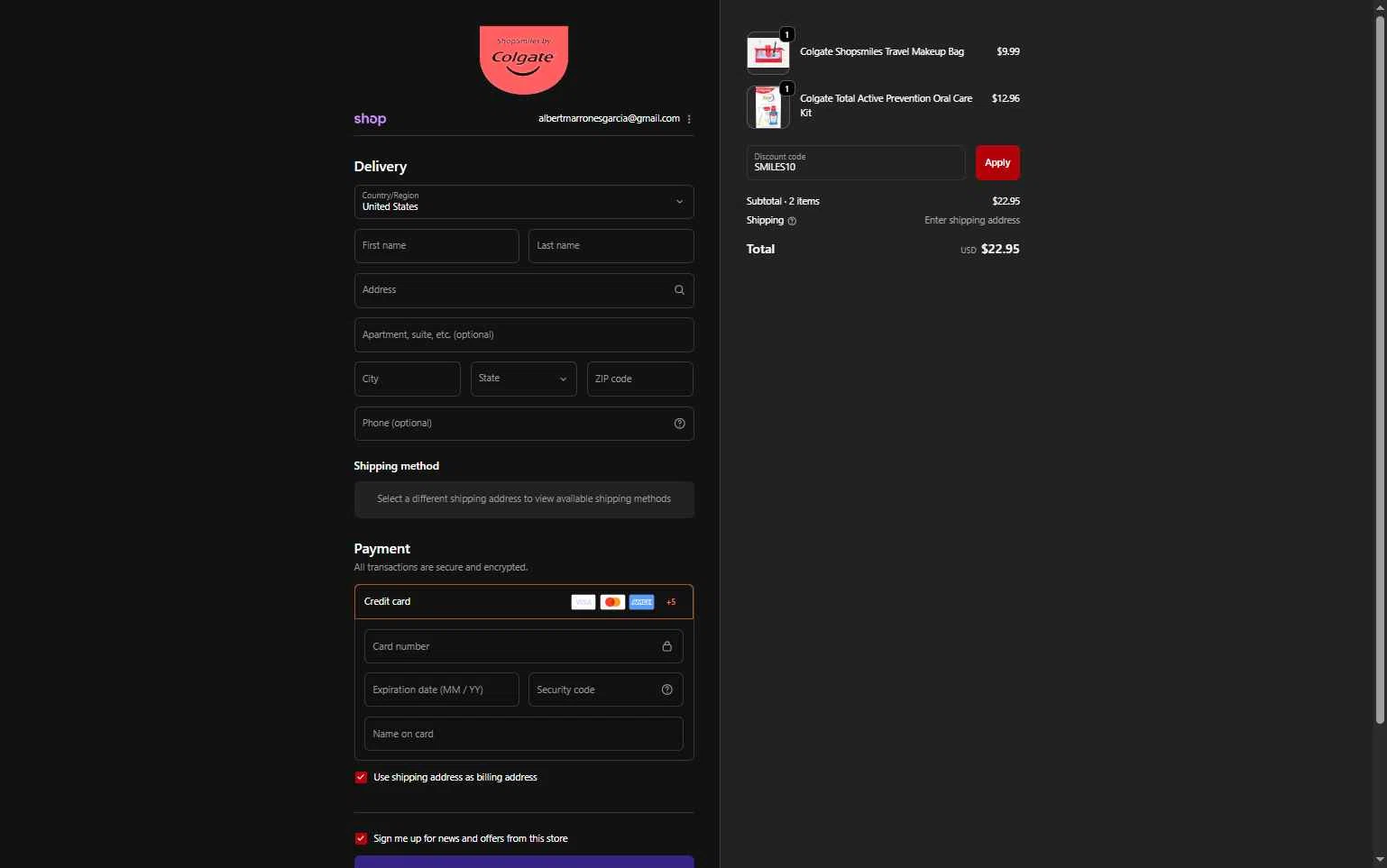 Colgate checkout page showing Colgate discount code box | Screenshot taken by SimplyCodes community member on Feb 20, 2026