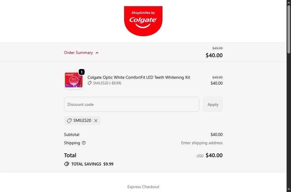 Colgate checkout page showing Colgate discount code box | Screenshot taken by SimplyCodes community member on Jan 7, 2026