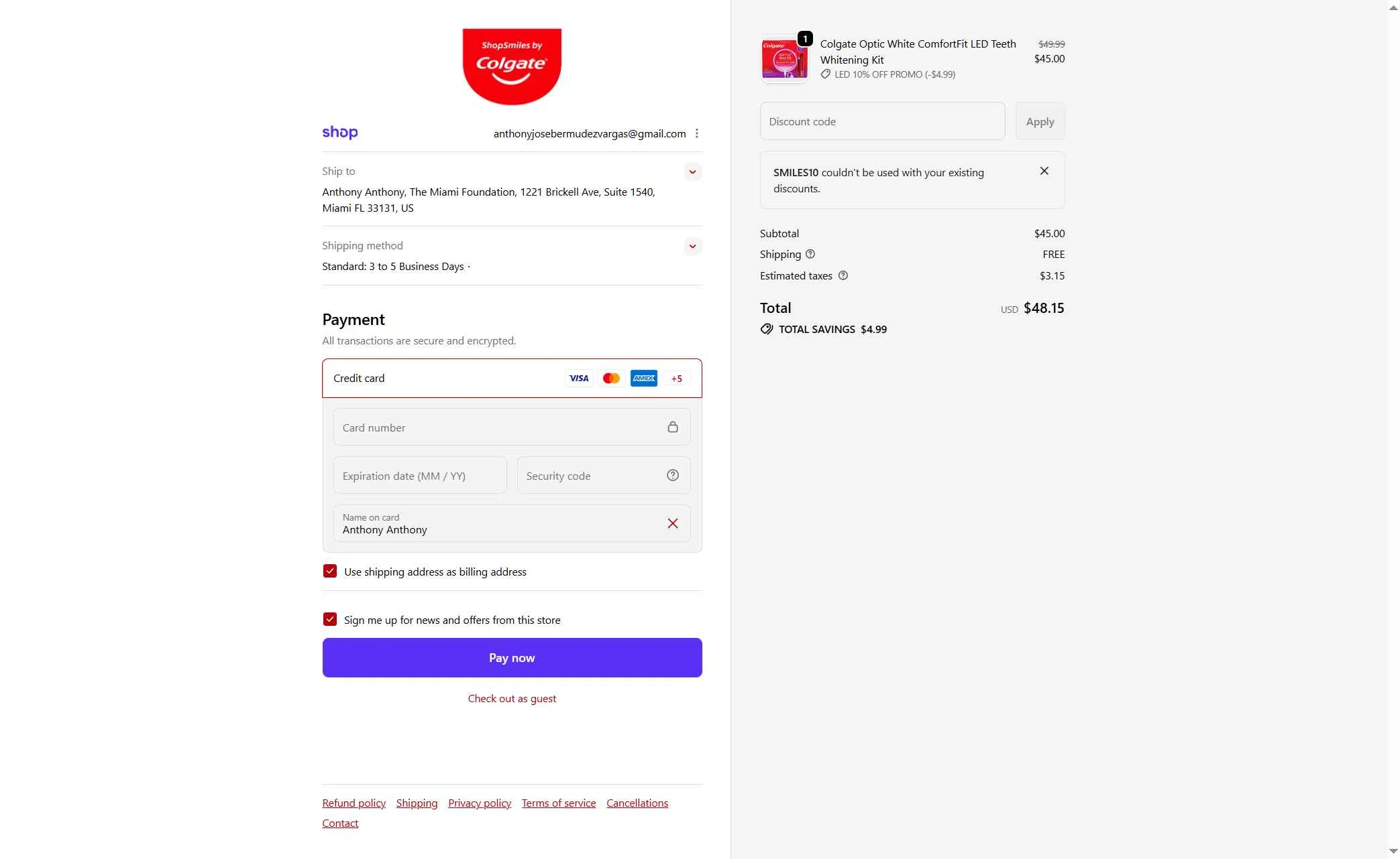Colgate checkout page showing Colgate discount code box | Screenshot taken by SimplyCodes community member on Jan 7, 2026