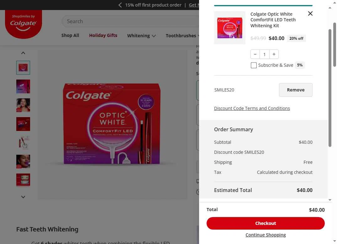 Colgate checkout page showing Colgate discount code box | Screenshot taken by SimplyCodes community member on Dec 29, 2025