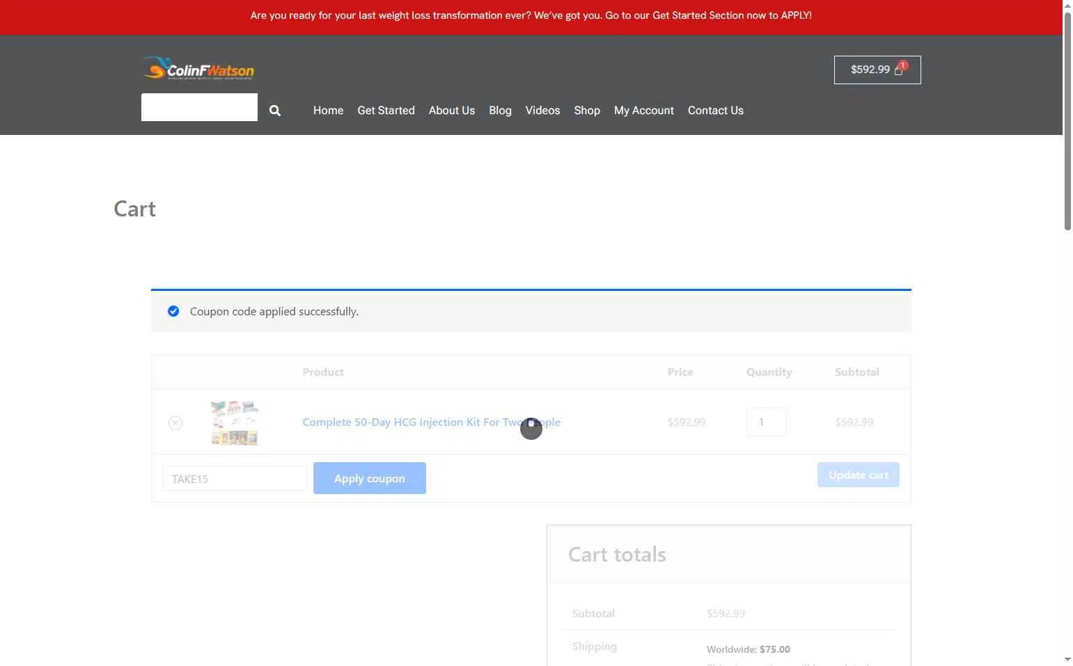 Colin F. Watson checkout page showing Colin F. Watson coupon code box | Screenshot taken by SimplyCodes community member on Aug 4, 2025
