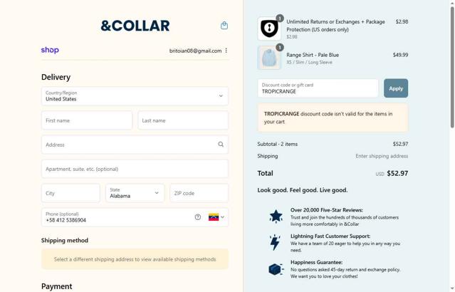 &Collar checkout page showing &Collar discount code box | Screenshot taken by SimplyCodes community member on Sep 8, 2025