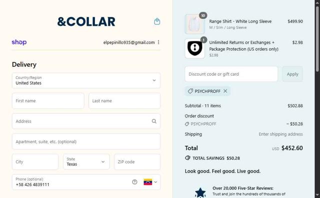 &Collar checkout page showing &Collar discount code box | Screenshot taken by SimplyCodes community member on Sep 11, 2025