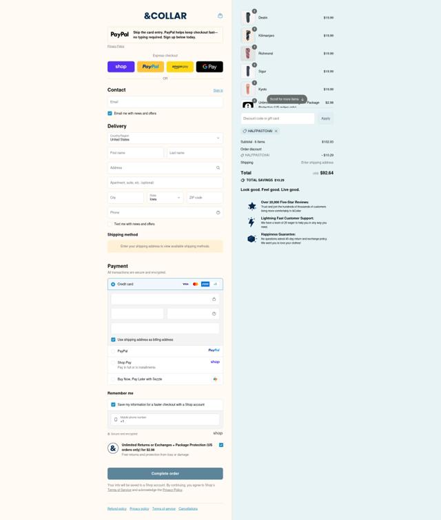 &Collar checkout page showing &Collar discount code box | Screenshot taken by SimplyCodes community member on Sep 10, 2025