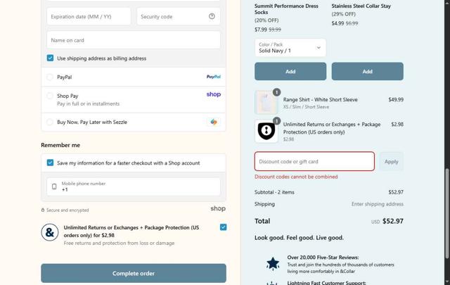 &Collar checkout page showing &Collar discount code box | Screenshot taken by SimplyCodes community member on Sep 5, 2025