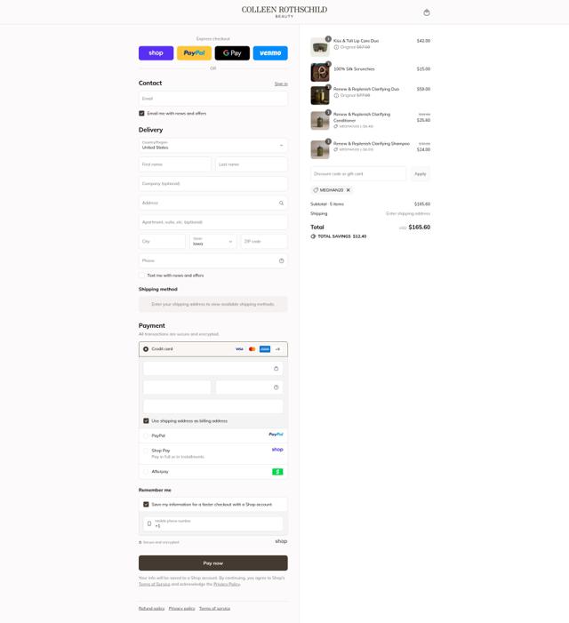 Colleen Rothschild Beauty checkout page showing Colleen Rothschild Beauty coupon code box | Screenshot taken by SimplyCodes community member on Sep 13, 2025