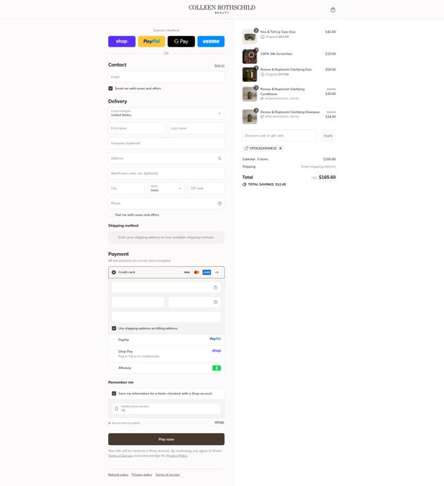 Colleen Rothschild Beauty checkout page showing Colleen Rothschild Beauty coupon code box | Screenshot taken by SimplyCodes community member on Sep 13, 2025