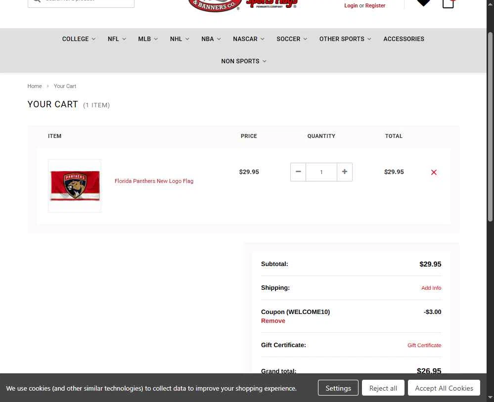 College Flags & Banners checkout page showing College Flags & Banners promo code box | Screenshot taken by SimplyCodes community member on Dec 11, 2025