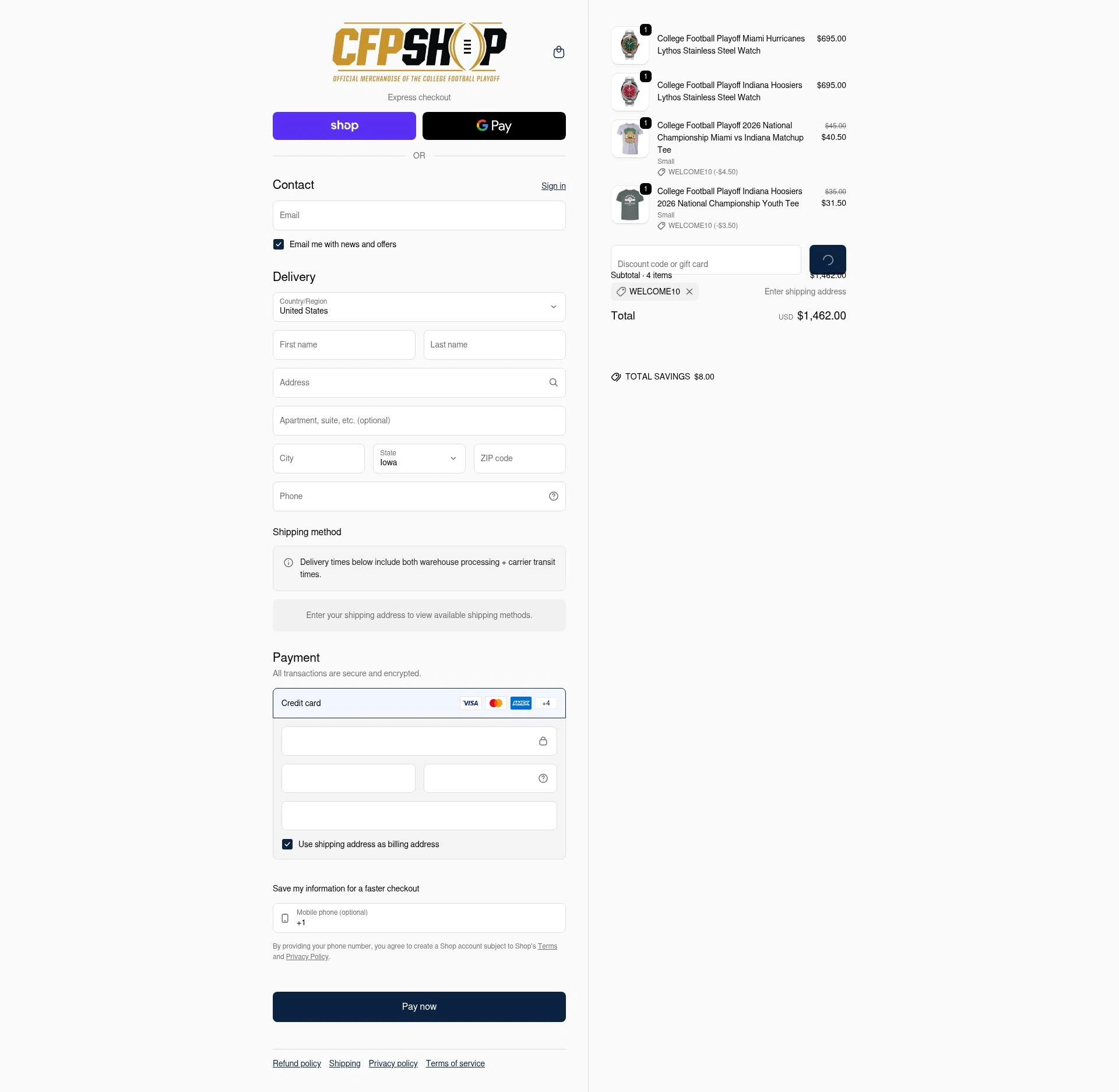 College Football Playoff Shop checkout page showing College Football Playoff Shop promo code box | Screenshot taken by SimplyCodes community member on Feb 15, 2026