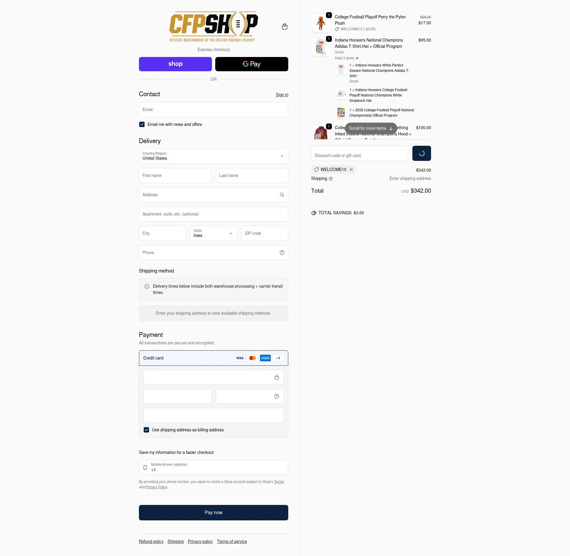College Football Playoff Shop checkout page showing College Football Playoff Shop promo code box | Screenshot taken by SimplyCodes community member on Feb 19, 2026