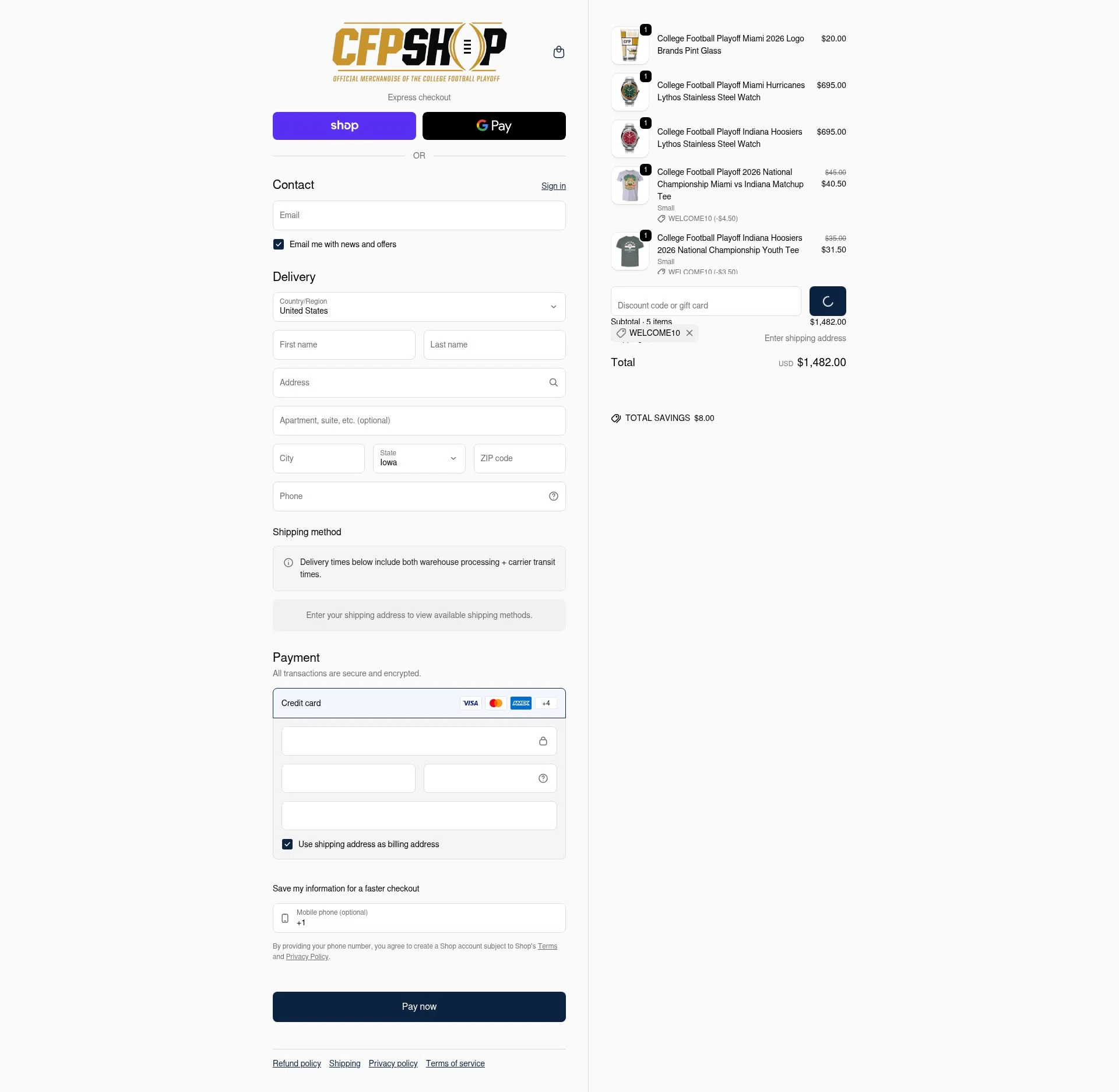 College Football Playoff Shop checkout page showing College Football Playoff Shop promo code box | Screenshot taken by SimplyCodes community member on Feb 11, 2026