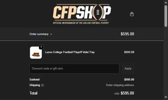 College Football Playoff Shop checkout page showing College Football Playoff Shop promo code box | Screenshot taken by SimplyCodes community member on Feb 11, 2026